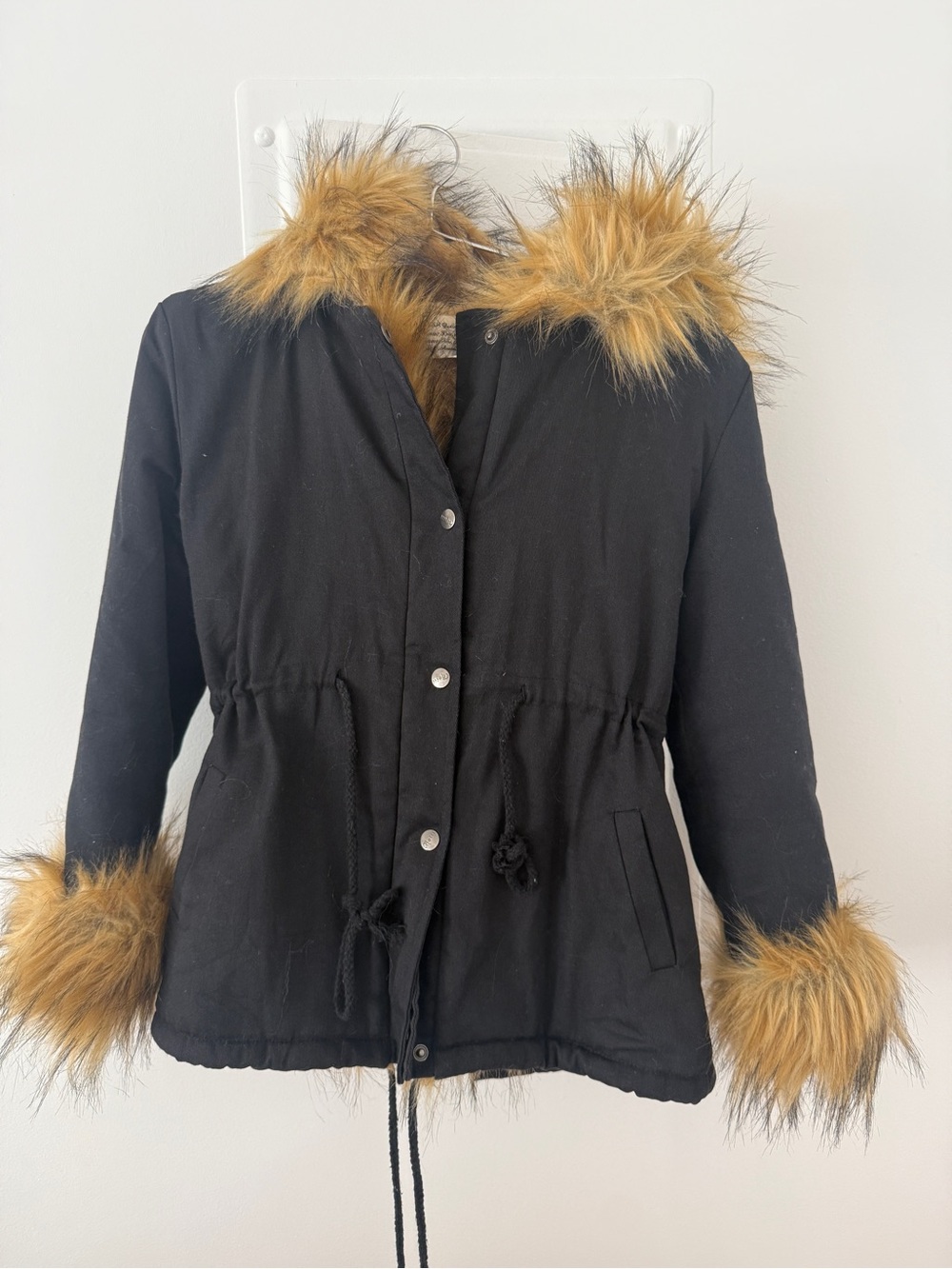 Girls Black Parka with Faux Fur Trim